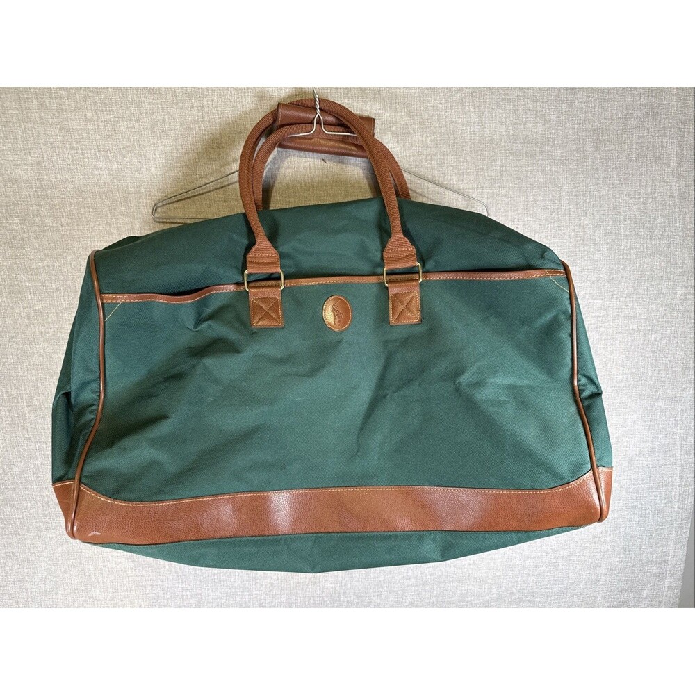 Vintage Ralph Lauren Green Canvas and Brown Leather Duffle Travel Bag